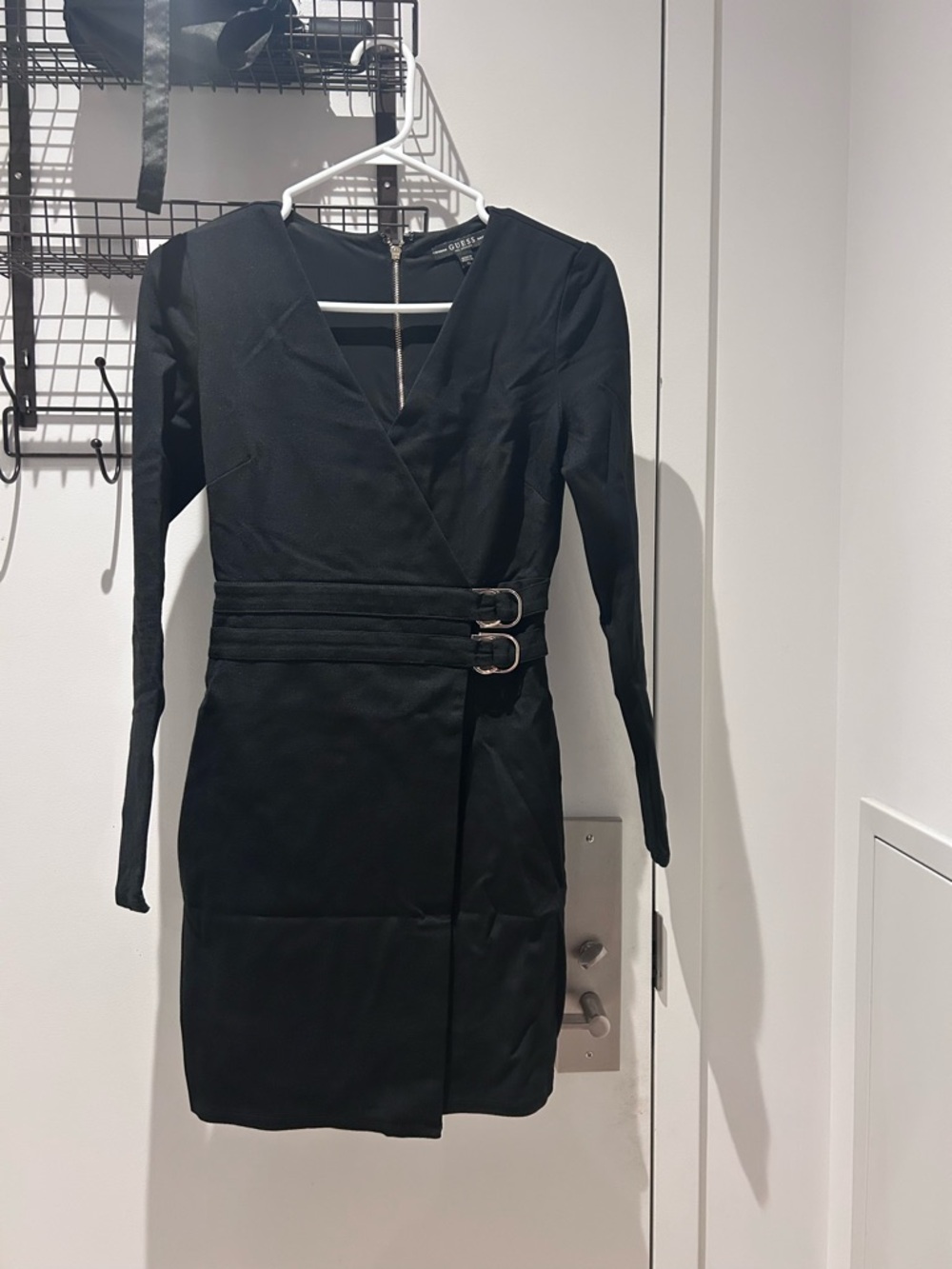 Guess Black Long Sleeve Wrap Dress with Buckle Detail